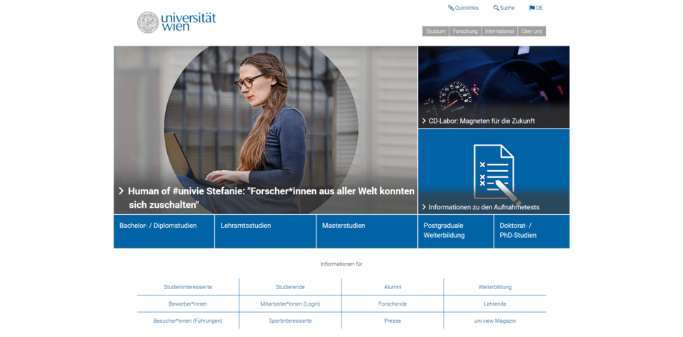 Screenshot: Homepage of the University of Vienna
